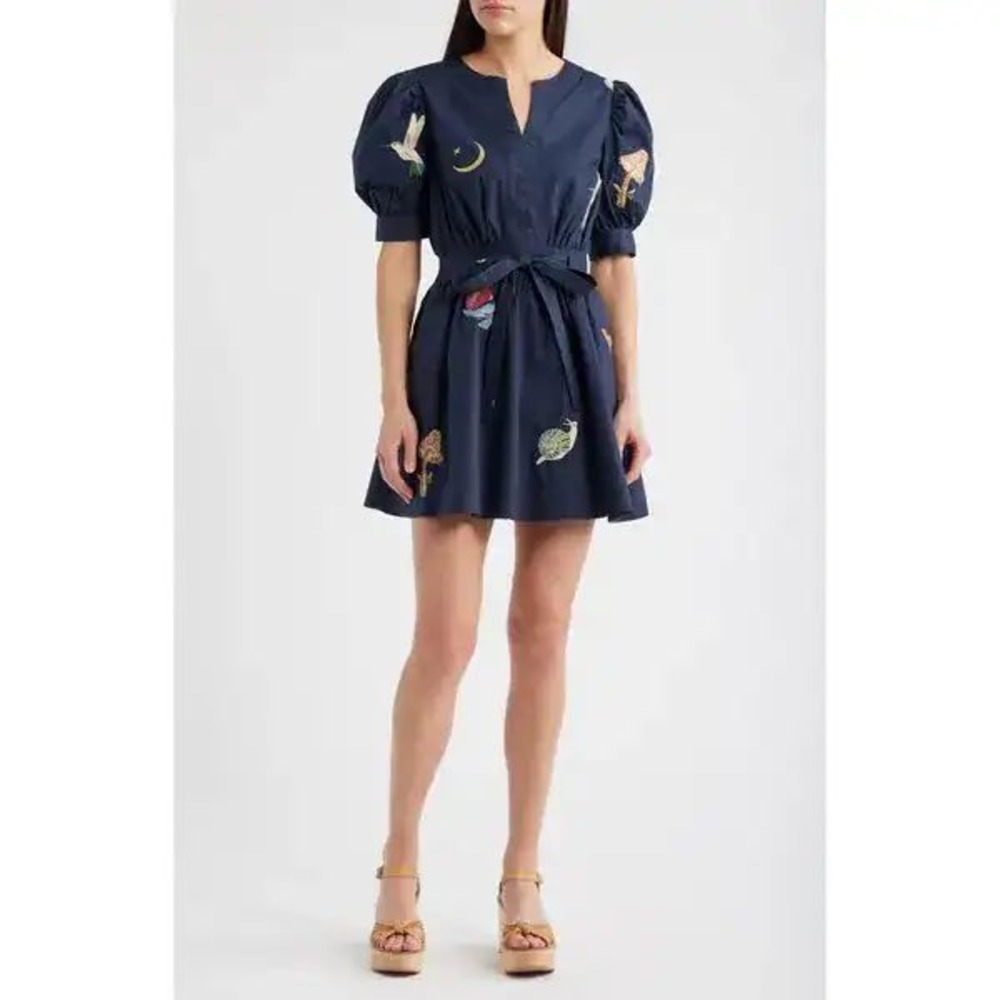 Ciebon Fit and Flare Navy Blue Embroidered Dress XS NEW! $145